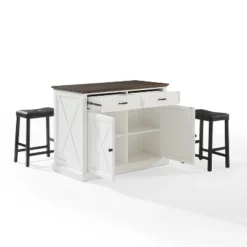 Clifton Kitchen Island With Upholstered Saddle Stools Distressed White/Black - Crosley -Crosley GUEST 0280b100 c95a 4838 88ff 7c966cda2fe6