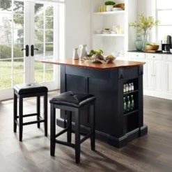 Coventry Drop Leaf Top Kitchen Island With Upholstered Square Stools Black - Crosley -Crosley GUEST 12a83cc4 ba9b 4922 b5eb afa90d86e273