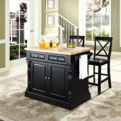 Oxford Kitchen Island With 2 X-Back Stools Black - Crosley