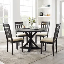 Hayden 5pc Round Dining Set Table With 4 Slat Back Chairs Slate - Crosley