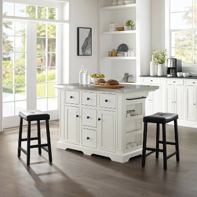 Julia Stainless Steel Top Kitchen Island With 2 Upholstered Saddle Counter Height Barstools White - Crosley 1 Julia Stainless Steel Top Kitchen Island With 2 Upholstered Saddle Counter Height Barstools White - Crosley