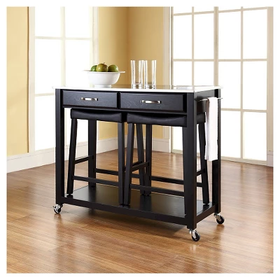 Stainless Steel Top Kitchen Cart/Island - Black With 24" Black Upholstered Saddle Stools - Crosley 3 Stainless Steel Top Kitchen Cart/Island - Black With 24" Black Upholstered Saddle Stools - Crosley - Image 3