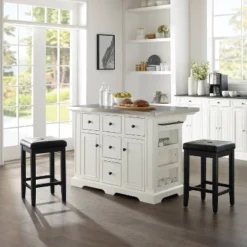 Julia Stainless Steel Top Island With Upholstered Square Stools White/Black - Crosley