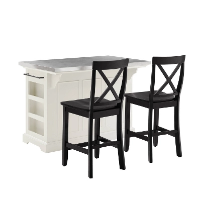 Julia Stainless Steel Top Island With 2 Black X-Back Stools White - Crosley 3 Julia Stainless Steel Top Island With 2 Black X-Back Stools White - Crosley - Image 3