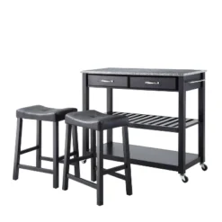 Gray Granite Top Kitchen Prep Cart With 2 Upholstered Saddle Stools - Crosley 14 Gray Granite Top Kitchen Prep Cart With 2 Upholstered Saddle Stools - Crosley -Crosley GUEST 5a904138 5887 492f 8764 c924bd3e8034