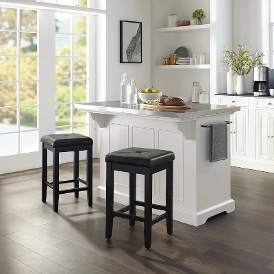 Julia Stainless Steel Top Island With Upholstered Square Stools White/Black - Crosley 2 Julia Stainless Steel Top Island With Upholstered Square Stools White/Black - Crosley - Image 2