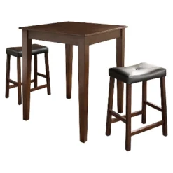 3pc Pub Dining Set With Tapered Leg And Upholstered Saddle Stools Vintage Mahogany Finish - Crosley