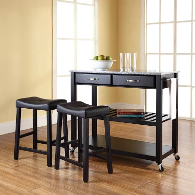 Gray Granite Top Kitchen Prep Cart With 2 Upholstered Saddle Stools - Crosley 1 Gray Granite Top Kitchen Prep Cart With 2 Upholstered Saddle Stools - Crosley