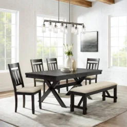Hayden 6pc Extendable Dining Set With Bench And 4 Slat Back Chairs Slate - Crosley