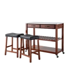 Stainless Steel Top Kitchen Prep Cart With 2 Upholstered Saddle Stools Cherry - Crosley -Crosley GUEST beecc99e ac30 4e75 9d30 75938ebebcd8
