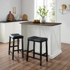Clifton Kitchen Island With Upholstered Saddle Stools Distressed White/Black - Crosley -Crosley GUEST c192a615 fc9b 492a 93e9 ab2419cdb5dd