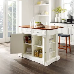 Coventry Drop Leaf Top Kitchen Island With Upholstered Saddle Stools White - Crosley