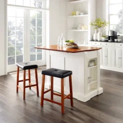 Coventry Drop Leaf Top Kitchen Island With Upholstered Saddle Stools White - Crosley -Crosley GUEST d562743c d845 49a3 a4b9 e8142b2e87d4