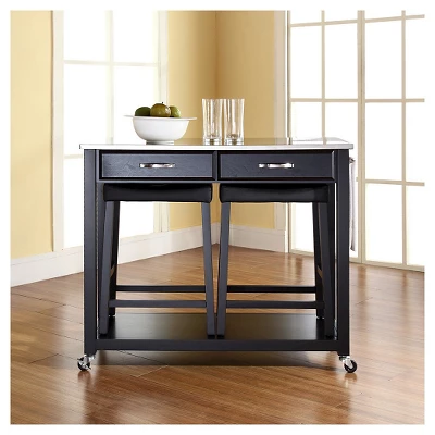 Stainless Steel Top Kitchen Cart/Island - Black With 24" Black Upholstered Saddle Stools - Crosley 4 Stainless Steel Top Kitchen Cart/Island - Black With 24" Black Upholstered Saddle Stools - Crosley - Image 4