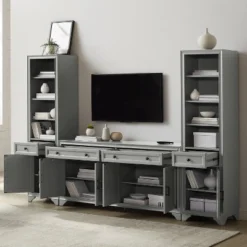 3pc Tara Entertainment Set With Open Shelving Distressed Gray - Crosley -Crosley GUEST dbdcb903 c078 4090 a77b b56c94bacee3