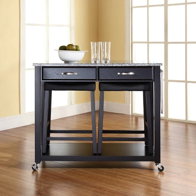 Gray Granite Top Kitchen Prep Cart With 2 Upholstered Saddle Stools - Crosley 3 Gray Granite Top Kitchen Prep Cart With 2 Upholstered Saddle Stools - Crosley - Image 3