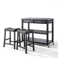 Gray Granite Top Kitchen Prep Cart With 2 Upholstered Saddle Stools - Crosley 20 Gray Granite Top Kitchen Prep Cart With 2 Upholstered Saddle Stools - Crosley -Crosley GUEST ec5f725f 0100 4934 9fd9 50c034d1abf7