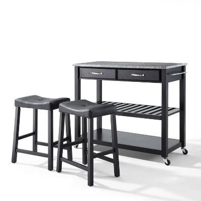 Gray Granite Top Kitchen Prep Cart With 2 Upholstered Saddle Stools - Crosley 10 Gray Granite Top Kitchen Prep Cart With 2 Upholstered Saddle Stools - Crosley - Image 10