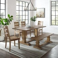 4pc Joanna Dining Set With Bench And 4 Ladder Back Chairs Rustic Brown - Crosley