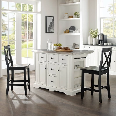 Julia Stainless Steel Top Island With 2 Black X-Back Stools White - Crosley 1 Julia Stainless Steel Top Island With 2 Black X-Back Stools White - Crosley