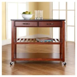 Solid Black Granite Top Kitchen Cart/Island With Optional Stool Storage - Classic Cherry - Crosley -Crosley GUEST f86a57ee 1609 44f4 ad9e 50f0342e60ae